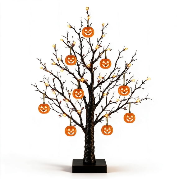Halloween Decor Black Tree with LED Lights, Lighted Artificial Table Tree with White Pumpkin Ornaments, Indoor Holiday Decor for Home Office, Fall Christmas Tree