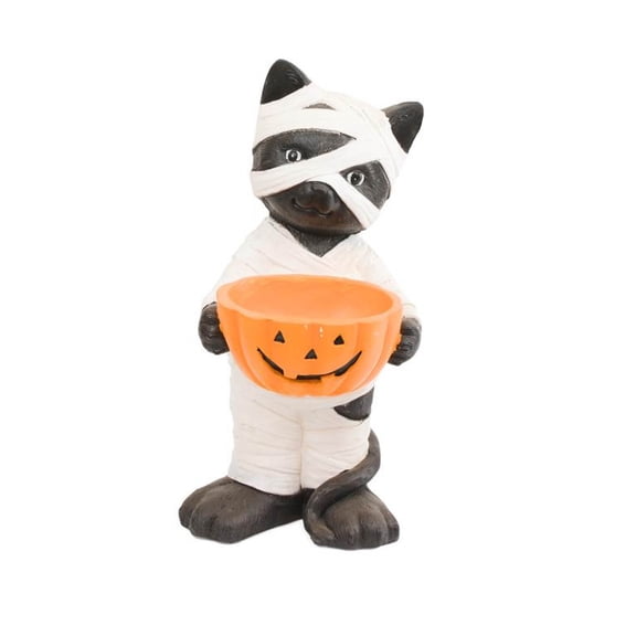 Halloween Decor Candy Bowl Bandaged Cat Figurine 12Inch Resin Statues with Pumpkin for Outdoor Indoor Front Door, Porch Yard Lawn Party Decor
