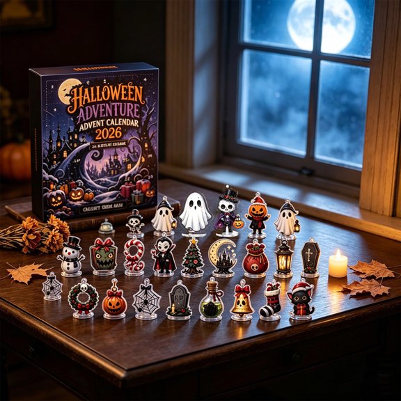Halloween Decor Countdown Calendar, 24 Double-Sided Acrylic Ornaments with Display Stands for Shelf Window Party Table Daily Surprise, Mix Spooky Gothic Christmas Motifs, Halloween Gift