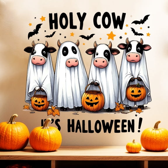 Halloween Decor, Cute Halloween Cow Ghost Pumpkin Window 12X11 In, for Home Front Door Glass, Living Room Wall, Dorm Room and Office Space, Waterproof Removable Static Cling
