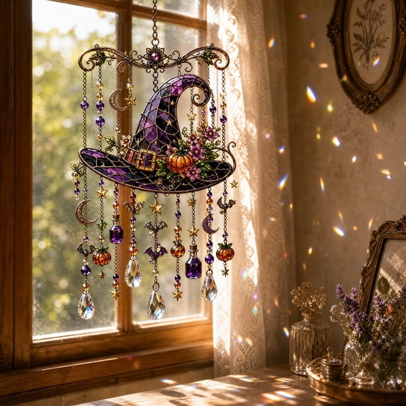 Halloween Decor Cute Halloween Decor, Acrylic Suncatcher Wind Chime With Melodic Chimes And Colorful Light Refraction, Classic Halloween Motifs for Window Door Garden Indoor Outdoor