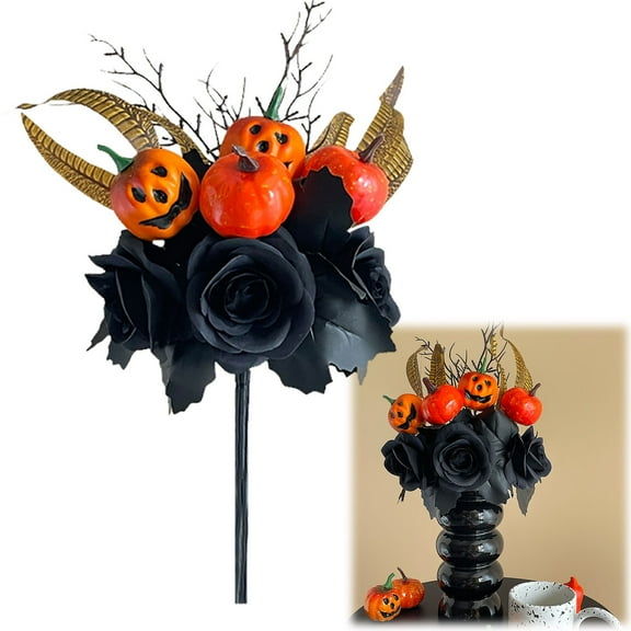 Halloween Decor - Desktop Objects - Halloween Black Decorative Flower Vase - Halloween Artificial Flowers Decorations Black Roses Pumpkins with Vase Arrangements Halloween Table Centerpiece