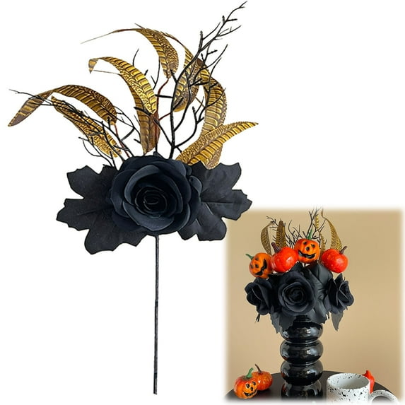 Halloween Decor - Desktop Objects - Halloween Black Decorative Flower Vase - Halloween Artificial Flowers Decorations Black Roses Pumpkins with Vase Arrangements Halloween Table Centerpiece