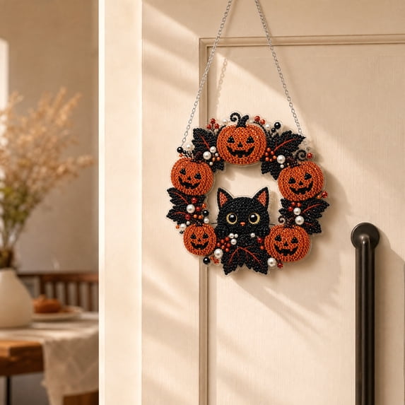 Halloween Decor Diamond Art Kits for Adults, Shiny Rhinestone Pumpkin Wreath DIY Kit with Faux Pearls, Sparkling Transparent Acrylic Hanging Ornament for Front Door, Fireplace