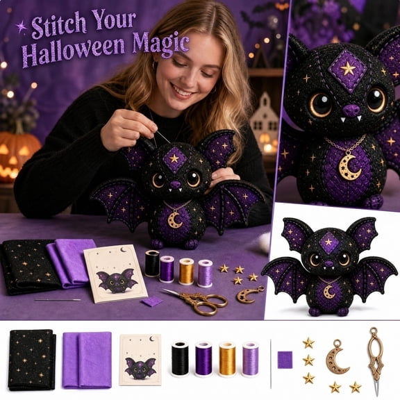 Halloween Decor Diy Quilted Bat Craft Set, Complete 3D Stitching Kit for Adults and Teens, Handmade Hanging Accent for Home Party Display, Art Craft Set for Holiday Decoration