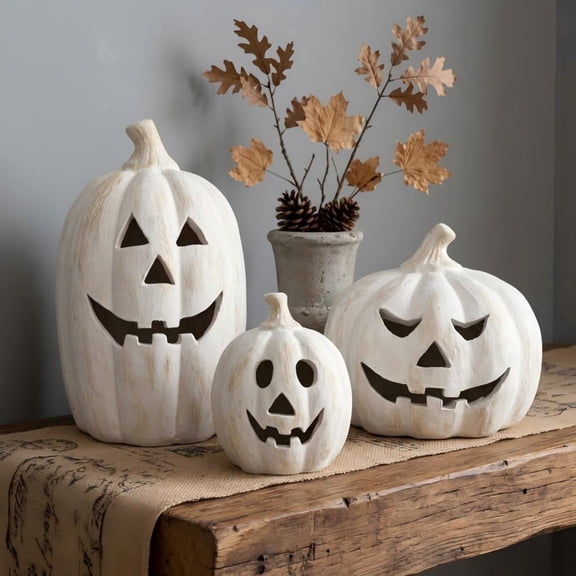 Halloween Decor - Fall Decorations for Home - 5.9" White Handmade Terracotta Jack-O-Lantern Pumpkin - Resin Indoor Funny Vintage Farmhouse Decoration for Room Front Porch lawn Desk Bedroom Fireplace