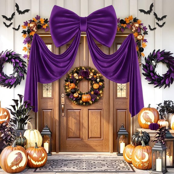 Halloween Decor Gaint Bow 75x23 Inch Vevlet Bow with Long Ribbon, Halloween Bows for Tree Topper, Bow for Halloween Front Door Wreath Party Christmas Tree Topper