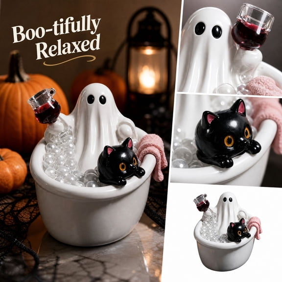 Halloween Decor,Ghost in Bathtub Halloween Tabletop Figurine, Ceramic Spooky Ghost Statue Holding Wine Glass,"Bootifully Relaxed" Halloween Decor for Home Table Shelf Mantel