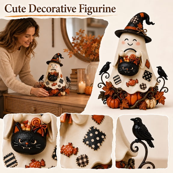 Halloween Decor, Ghost Halloween Decor, Witch Halloween Decor, Pumpkin Decorations, 8X6 Inch Smiling Ghost Figurine Holding Black Cat Trick Or Treat Bucket for Desktop Decor