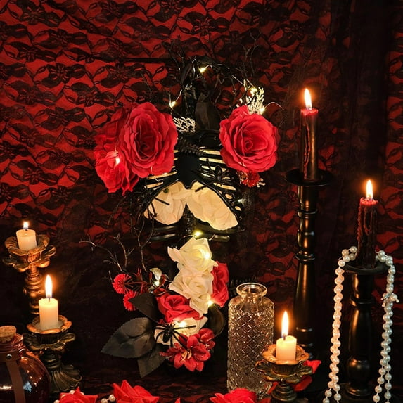 Halloween Decor, Gothic Vintage Skeleton Torso with White Red Roses Flowers, Skeleton Halloween Decorations Indoor for Wall Decor Home Office Mantel Shelf Party Gifts