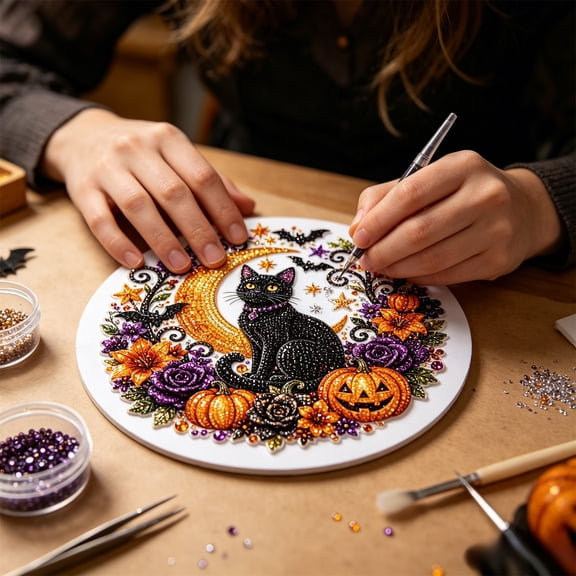Halloween Decor Halloween Black Kitty Diamond Art Hanging Ornament Kit