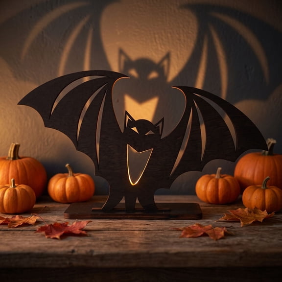 Halloween Decor, Halloween Decorations for Home, Halloween Mantel Decorations, Light Up Halloween Decorations, 7 Inch Black Wooden Bat Projection Candlestick, Rustic Handmade Wood