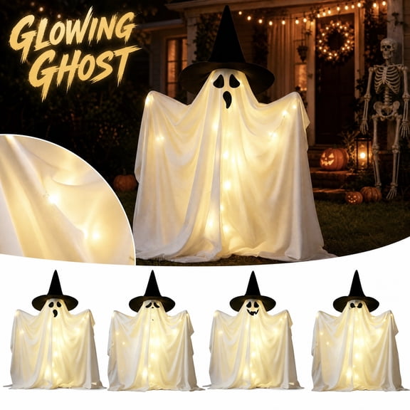Halloween Decor, Halloween Decorations Outdoor Lights, Halloween Lawn Decor, Ghost Outdoor Decor, 31 Inch Freestanding Lighted White Ghost with Black Witch Hat, Spooky Standing