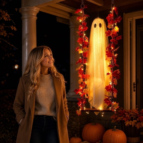 Halloween Decor, Halloween Ghost Decorations, Halloween Hanging Decorations, Haunted Porch Decor, 1.5M Remote Fairy Lights, 59X16 Inch Sheer Hanging Ghost Swing Decor, Paired with