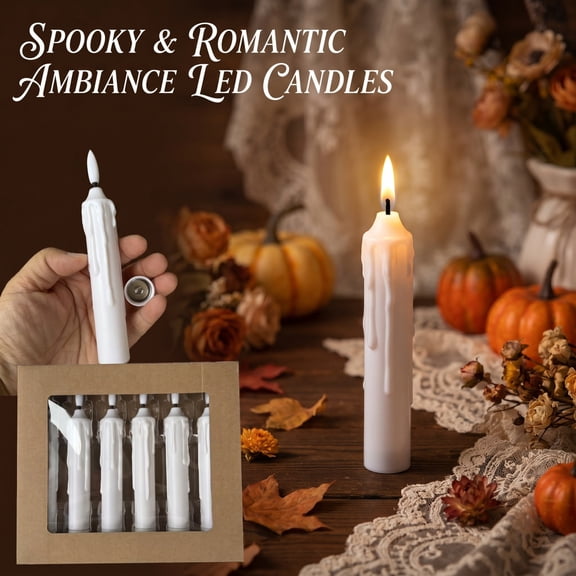 Halloween Decor, Halloween Led Candles, Flameless Taper Candles, Wedding Decorations for Home Party, 6 Pack 8X7X1 Inch White Dripping Design Battery Operated Taper Candles,