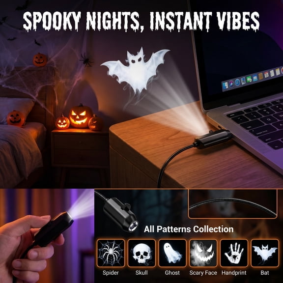 Halloween Decor, Halloween Night Light, Ghost Night Light, Halloween Light, 11 in Compact Usb Powered Creative Led Small Night Light That Displays Horror Spooky Patterns for