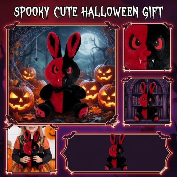 Halloween Decor, Halloween Plush, Creepy Halloween Decorations, Bunny Stuffed Animal, 14X10 in Gothic Red Black Rabbit Plush Doll for Bedroom Shelf and Themed Party Favors