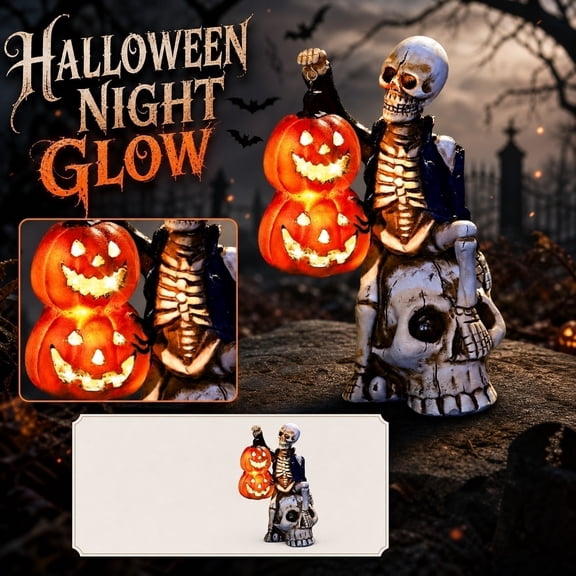 Halloween Decor, Halloween Skeleton Decorations, Light Up Jack O Lantern, Skull Decor, 10 Inch Resin Skeleton Sit on Large Skull with 2 Stacked Led Lighted Pumpkins, Spooky Creepy