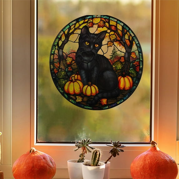 Halloween Decor Halloween Window Clings Large Stained Colorful Horror Blacks Cats Statics PVC Window Removable Glass Decals for Halloween Party Decorations Indoor
