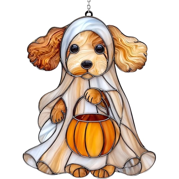 Halloween Decor - Handcrafted Creative Ghost Suncatcher, Cute Ghost Suncatcher, Creative Ghost Cat/Dog Sun Catcher Window Hanging Ornaments, Acrylic Halloween Ghost with Pumpkin Decorations (1PC,Dog)