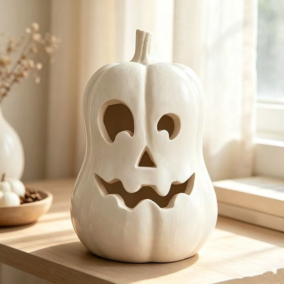 Halloween Decor Handmade Terracotta Pumpkin Jack O' Lantern Vintage Autumn Farmhouse Table Decorations for Home Indoor Outdoor Porch Mantel(with Light)