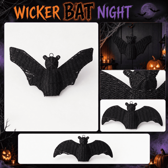 Halloween Decor, Hanging Bats Halloween Decor, Black Halloween Decor, Rattan Wall Decor, Halloween Decorations for Home, 10X4.5 Inch Hand-Woven Black Rattan Bat Hanging Ornament