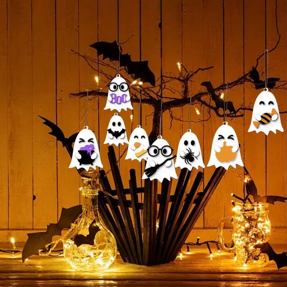 Halloween Decor, Hanging Ghosts Halloween Decor, Halloween Party Decorations, Wooden Pumpkin Decor, 8-Piece 2D Flat Cutout Ghost Hanging Ornaments with Attached Cords for Seasonal