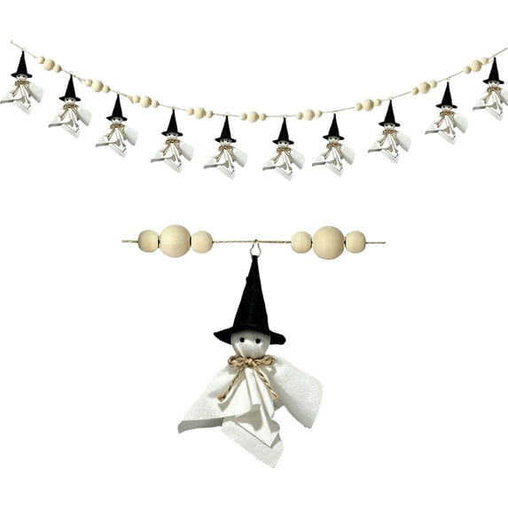 Halloween Decor, Hanging Wooden Bead Witch Garland for Indoor and Outdoor Spooky Season Display, Colorful Rustic Farmhouse Style for Mantel Wall and Party Use, 1 Piece Set