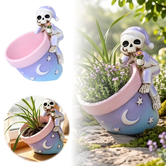Halloween Decor Indoor Cute Sleepy Skeleton Resin Planter, Halloween Star Moon Pattern Flower Pot, Whimsical Desktop Ornament Matching