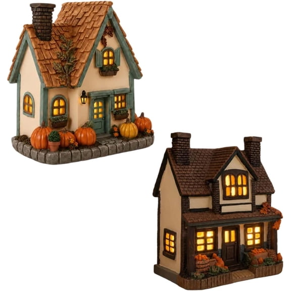 Halloween Decor Indoor Lighted Cottage, LED Pumpkin Village House for Mantel, Fall Thanksgiving Halloween Party Decorations, Vintage Autumn Home Accent