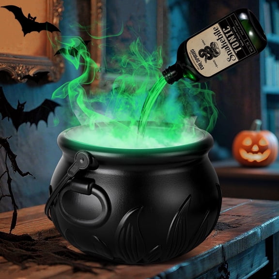 Halloween Decor Indoor, Witches Cauldron with Magic Floating Potion Bottle, Light-Up Cauldron Halloween Decor for Indoor Spooky Party Table, Fireplace, Kitchen - Green Mist Magic Set