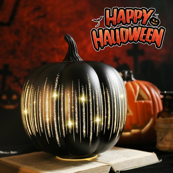 Halloween Decor Lighted Black Glitter Pumpkin Decor with Warm LED Lights – Festive Halloween Tabletop Decoration,for Indoor Home Decor