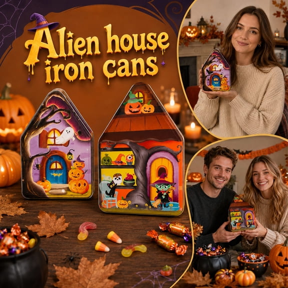 Halloween Decor, Metal Pumpkin Decor, Keepsake Box, Storage Container, 7X5 in 1Pc 3D House Top Printed Halloween Metal Tin, Durable Desktop Organizer for Small Craft Supplies,