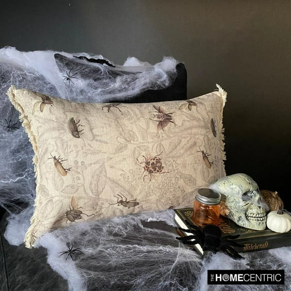 Halloween Decor Oblong Pillow Cover Beige, 12"x22" (30x55 cm) Cotton Linen, Bugs, Insects, Lace Cushion Covers, Insects Modern Style - Night Crawlers