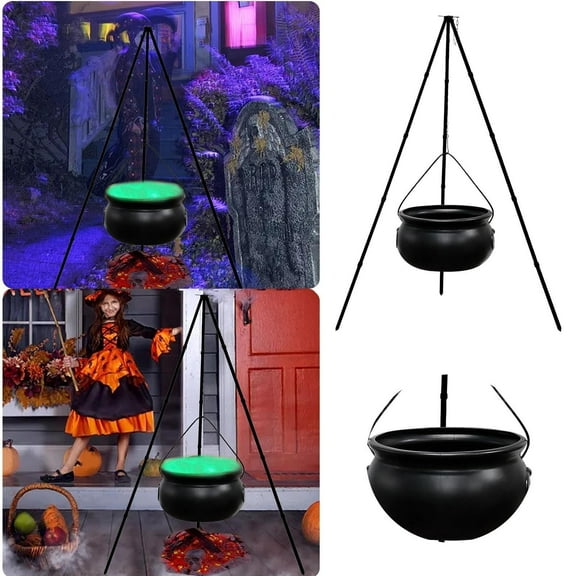 Halloween Decor Outdoor Cauldron Large Cauldron On Tripod With Lights, Cotton ,Black Bowl Decor Candy Bucket Decoration For Home Porch Yard Outside