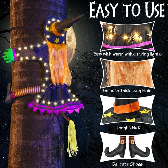 Halloween Decor, Outdoor Witches Crashing Into Tree with Warm LED Lights Crashed Witch Props, Halloween Hanging Decorations for Indoor House Outdoor Yard Patio Decor, 43.3x33.5in