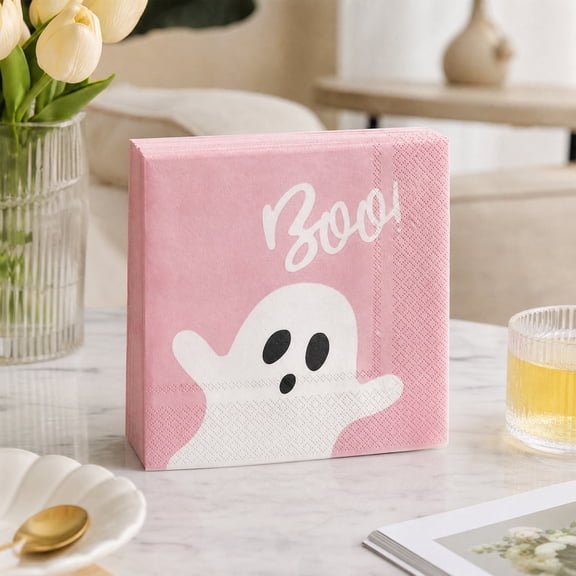 Halloween Decor Paper Napkins 20 Pack 6.5 Inch Pink Ghost Boo Design for Party Table Setting Home Decor