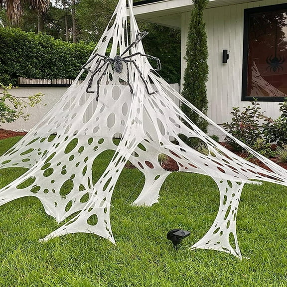 Halloween Decor - Party Balloon - Decorative Spider Web - Giant Halloween Indoor/Outdoor Decorations Stretchy Cut Your Own Flexible with Metal Stakes for Halloween Decor House Yard Deco
