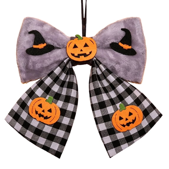 Halloween Decor Party, Halloween Plush Bow, Jack O Lantern Embellished Decor, Buffalo Check Bow Decoration, 14X12 in Hanging Ornament for Halloween Tree, Doorway, Indoor Wall,