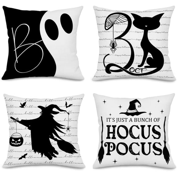 Halloween Decor Pillow Covers 18x18 Inch Set of 4 Boo Cat Witch Pumpkin Spider Web Bat October 31 Hocus Pocus Black White Linen Farmhouse Decorations Throw Pillow Cases for Couch Sofa