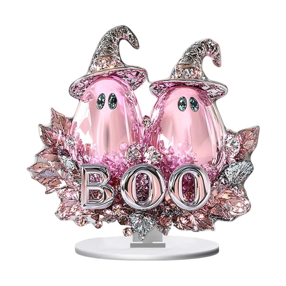 Halloween Decor, Pink Halloween Decorations, Halloween Ghost Decorations, Cute Halloween Decor, 2D Flat Acrylic Pink Ghost with Witch Hat Desktop Ornament for Table, Shelf, Living