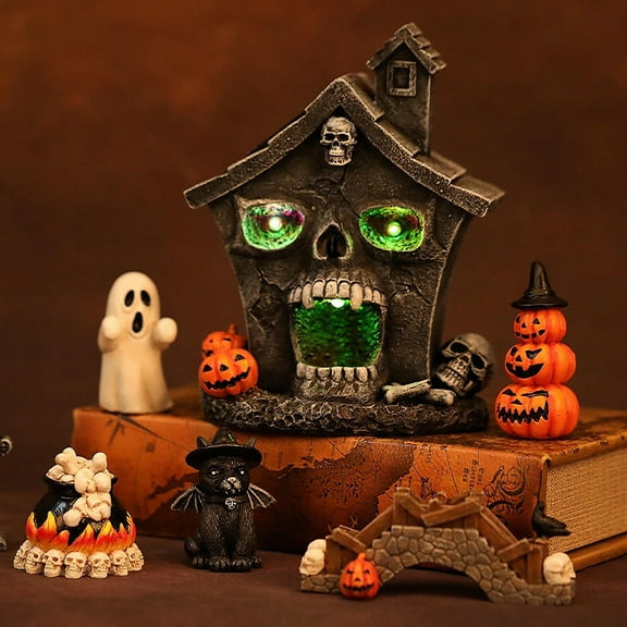 Halloween Decor - Plastic Decorative Ornaments - Haunted House Lamp Decorative Item - Halloween Head House Village Figurine Decoration Resin Mansion Lighted Table Decor