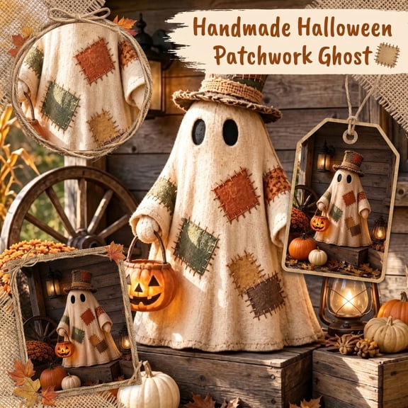 Halloween Decor, Plush Ghost, Patchwork Burlap Ghost Figurine with Top Hat, Halloween Tabletop Decoration Holding Non-Light-Up Pumpkin Trick Or Treat Basket, 3.5X3X3 Inch Rustic