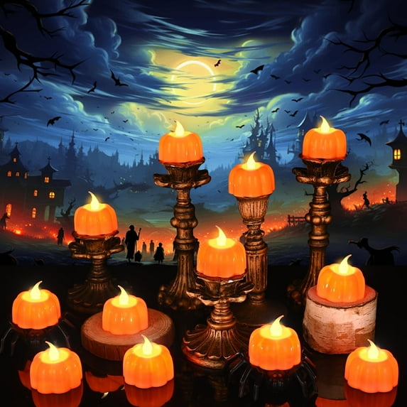 Lyacmy 12 Pcs Pumpkin Tea Lights Fall Decorations for Home, Day of The Dead Orange LED Flickering Flameless Candles Battery Operated for Dia De Los Muertos Halloween Decorations