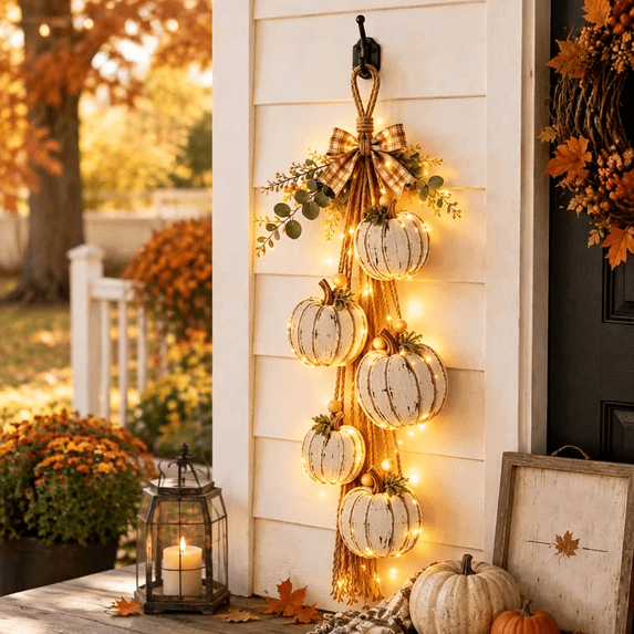 Halloween Decor,Rustic Wooden Pumpkin Door Hanging with Warm LED Lights,22.83-Inch Harvest Fall Farmhouse Decor with Autumn Leaves for Porch Entryway