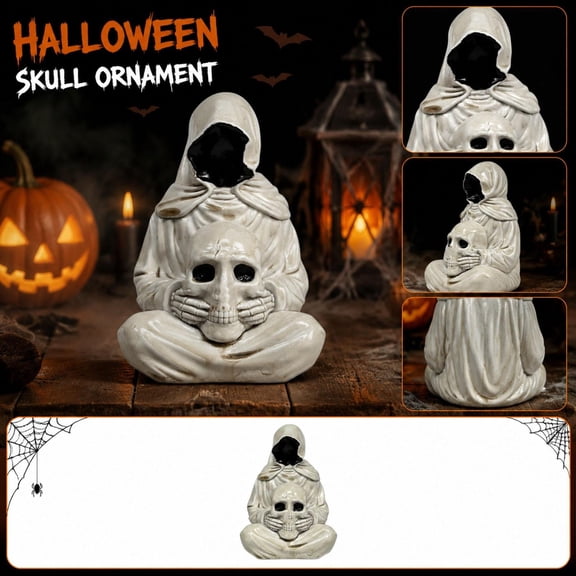 Halloween Decor, Scary Halloween Decorations, Hooded Ghost Figurine with Detailed Skull Ornament, Halloween Decorations for Home for Counter Tier Tray Display, Skeleton Halloween