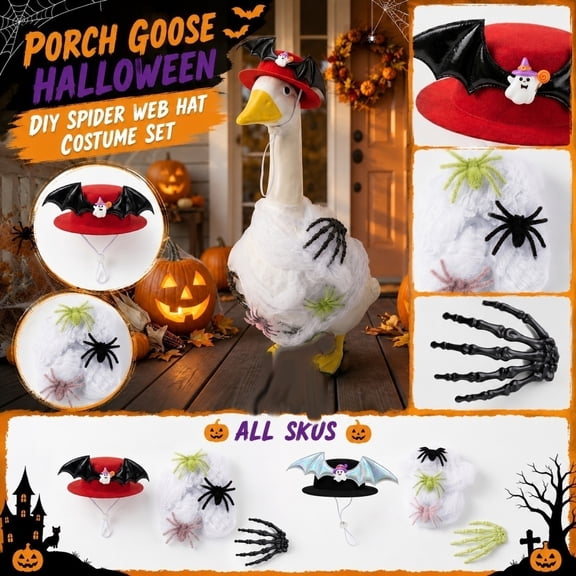 Halloween Decor Set, Spiders Halloween Decorations, Web Decoration, Halloween Props, Includes Adjustable Bat Wing Hat with Mini Ghost Accent, 3 Fuzzy Plush Spiders, Stretchy White