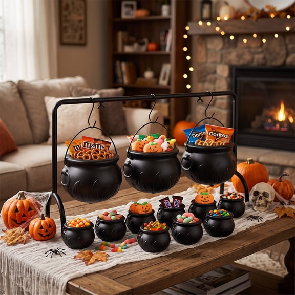 Yinghao 3 pack Halloween Witches Cauldron with Metal Stand and 9 Mini Pots, Plastic Black Candy Bowls with Hooks, Use to Candies, Snack, Holiday Decor