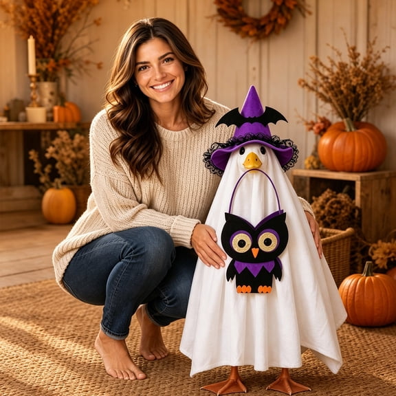 Halloween Decor Set with Owl Candy Bag Ghost Cloak Witch Hat for Yard Statue Outdoor Ornament Kit, 1 Count