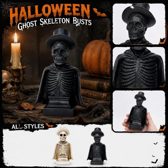 Halloween Decor, Skull Decor, Gothic Decor, Skeleton Halloween Decor, 6X3.5 in Matte Black Resin Halloween Skeleton Skull Statue, Freestanding Spooky Ghost Skeleton Bust Ornament